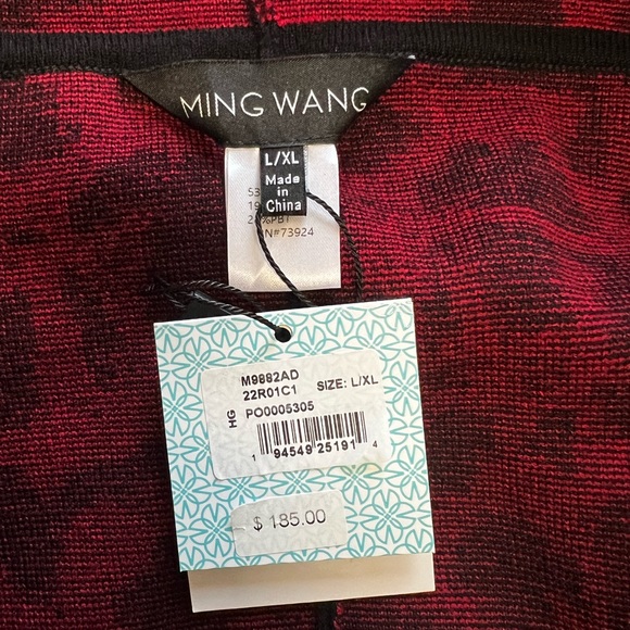 NWT Ming Wang Red Black Jacquard Knit Shawl Collar Kimono Sleeve Open Sz L/XL - Picture 8 of 8